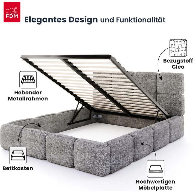 FDM Polsterbett CLOUDY Bettgestell Bett 140x200, 160x200, 180x200 cm Bestseller (verfügbar 140x200 160x200 180x200cm, Bettrahmen, Bett, mit großen gepolsterten Kopfteil, mit Bettkasten zum aufklappen), Hebbarer Metallrahmen, Bettkasten, ohne Matratze – Bild 3