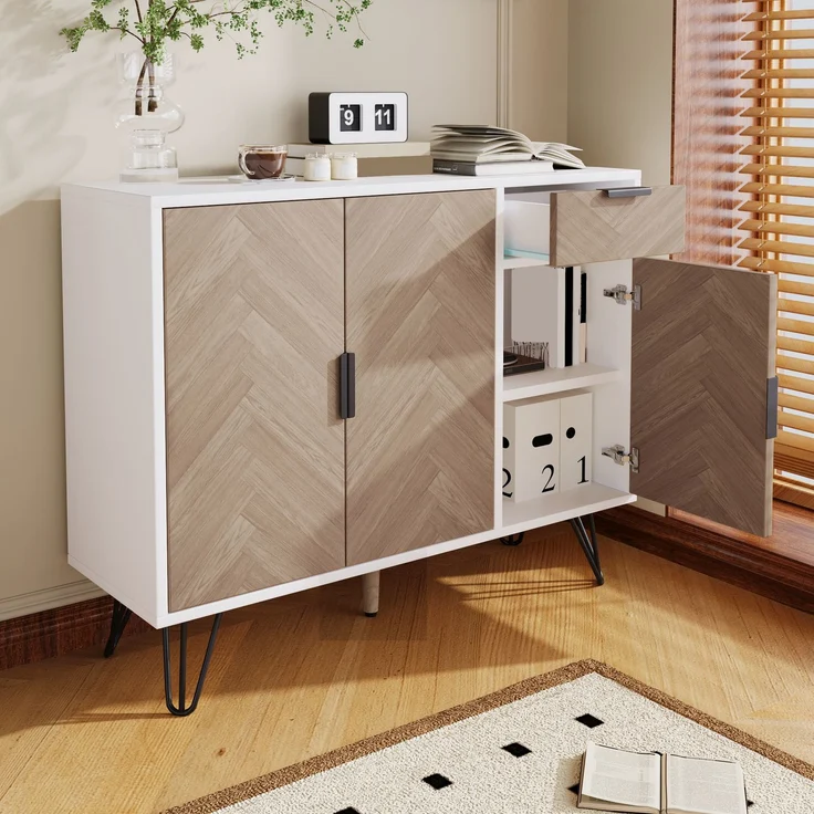 Aufbewahrungsschrank Weiss Holzoptik 90x30 cm mit Schublade und 3 Türen Metallfüße Schwarz Regal Sideboard für Wohnzimmer Flur – Bild 2