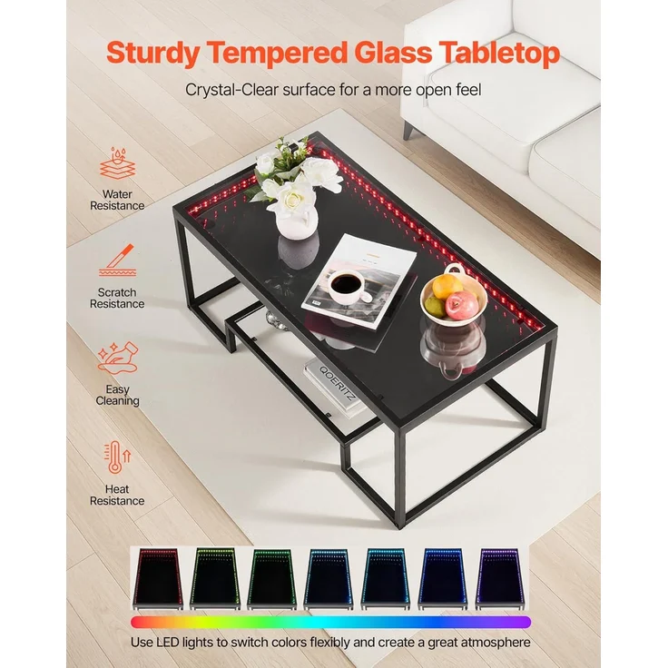 VEVOR Couchtisch Beistelltisch aus gehärtetem Glas mit Beleuchtung, rechteckiger Glastisch mit Zwei Ebenen & offenem Stauraum, Kaffeetisch aus Metall für Wohnzimmer Büro 100 x 51 x 48 cm Schwarz – Bild 6