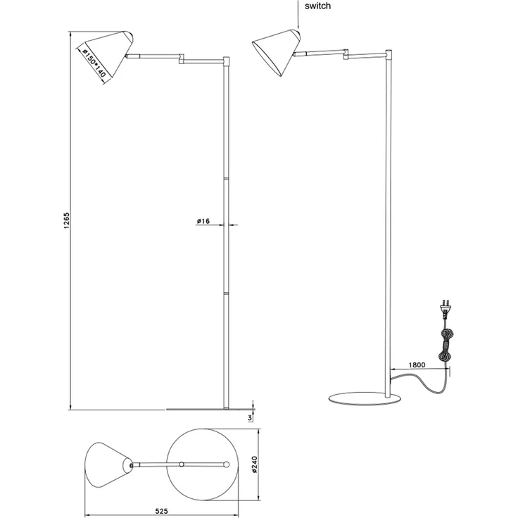Kleine LED Stehleuchte mit Schwenkarm aus Metall Grün, Höhe 126,5cm – Bild 6