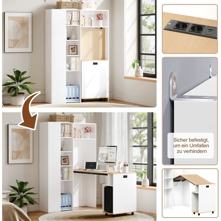 Klappbarer Schreibtisch mit Ablagen –2-in-1-Bücherregal und Schreibtisch, klappbar, mit Steckdose und USB-Anschluss, höhenverstellbare Ablagen, Kippschutz, weiß-Schreibtisch,Eck-Schreibtisch –links – Bild 8