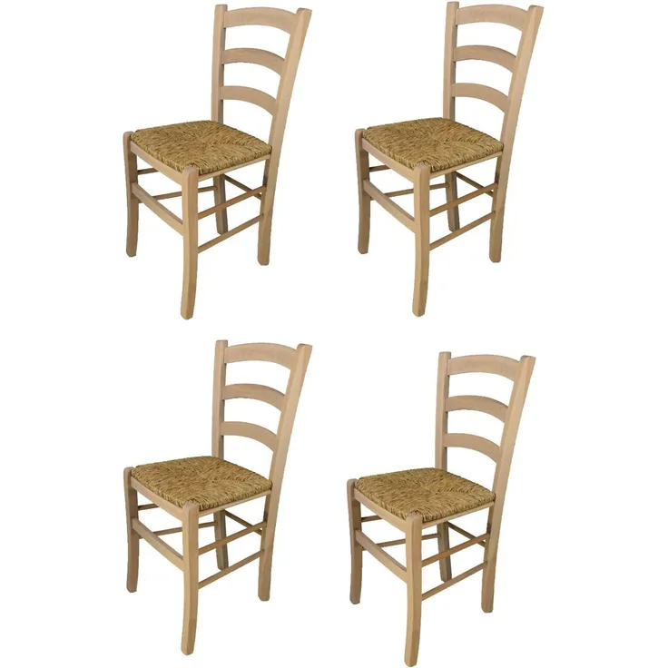 Tommychairs - 4er Set Stühle Venezia für Küche und Esszimmer, robuste Struktur aus poliertem Buchenholz, unbehandelt und 100% natürlich, Sitzfläche aus echtem Stroh
