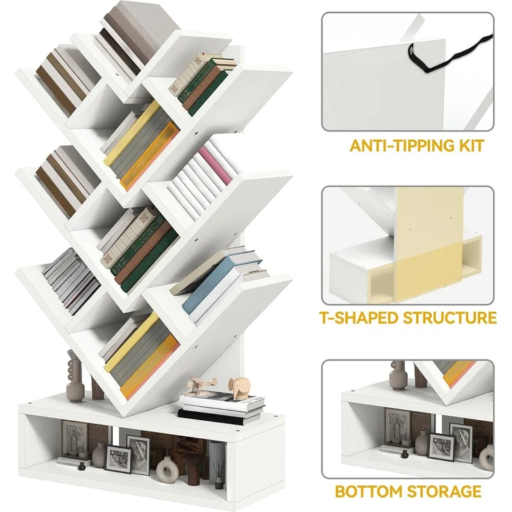 YITAHOME Baum-Bücherregal, Bodenstehendes Standregal, Industrielle Holzregale, Hohe Aufbewahrungsmöglichkeit für Ausstellungsstücke, Lagerregal für Wohnzimmer, Home-Office, Weiß – Bild 4