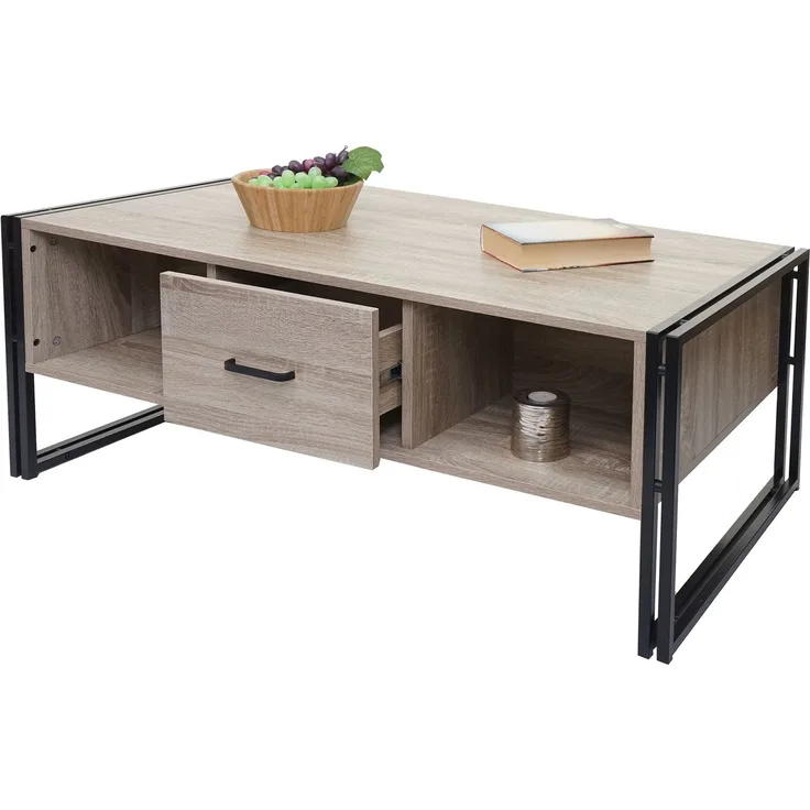 Couchtisch HWC-A27b, Beistelltisch Wohnzimmertisch, 3D-Struktur, 45x110x60cm MVG-zertifiziert, Metall ~ Eiche-Optik