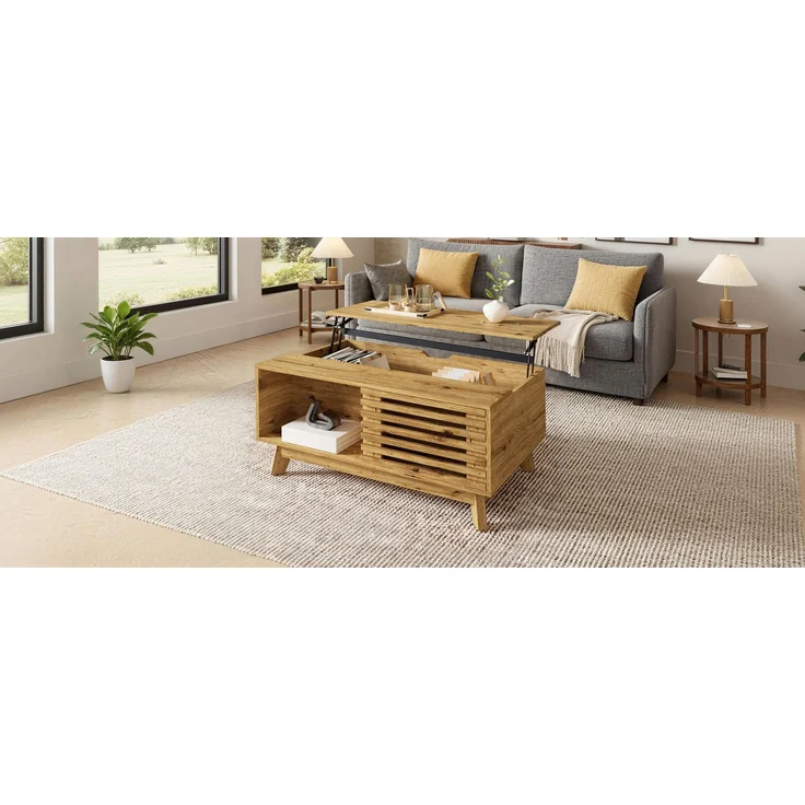 Couchtisch Modern Retro, höhenverstellbare Tischplatte, verschiebbare Jalousietür, Holz-Optik, MDF-Korpus, multifunktionaler Wohnzimmertisch--Natürlich--90x55x57.5cm--YOUDENOVA – Bild 5