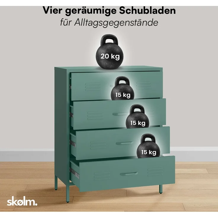 skølm 'Atria' Metallkommode, dunkelgrün, 100x40x80 cm, Metallschrank mit 4 Schubladen – Bild 5