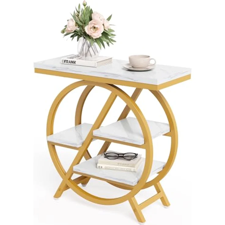 LITTLE TREE Beistelltisch, 4-stöckiger schmaler Beistelltisch aus Kunstmarmor mit großem Stauraum, moderner Nachttisch und Nachttisch für Wohnzimmer, Homeoffice, Schlafzimmer, Weiß und Gold – Bild 2