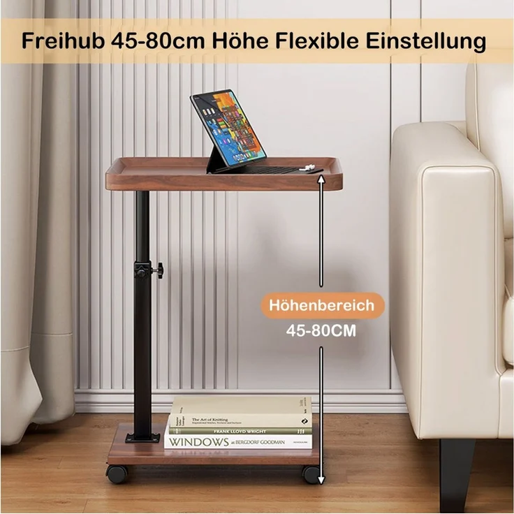 TUWENA Beistelltisch Beistelltisch C-Form Höhenverstellbar mit Rollen, Couchtisch 45-80 cm, Mobiler Beistelltisch für Sofa Bett, Schlafzimmer Wohnzimmer Balkon – Bild 3