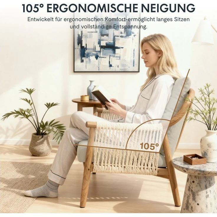 FLEXISPOT Loungesessel Akzentstuhl handgeflochten AC3 (Boho Rattanstuhl mit atmungsaktivem Design Beige), Vielseitiger Indoor & Outdoor Stuhl mit komfortablen Kissen – Bild 2
