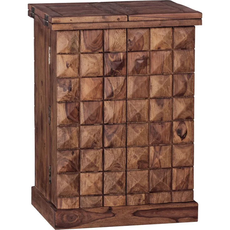 Hausbar Sheesham Massivholz 65x91x50 cm Weinbar ausklappbar, Kleine Bar modern, Barschrank mit Türen, Spirituosenschrank mit Aufbewahrung für Flaschen und Gläser