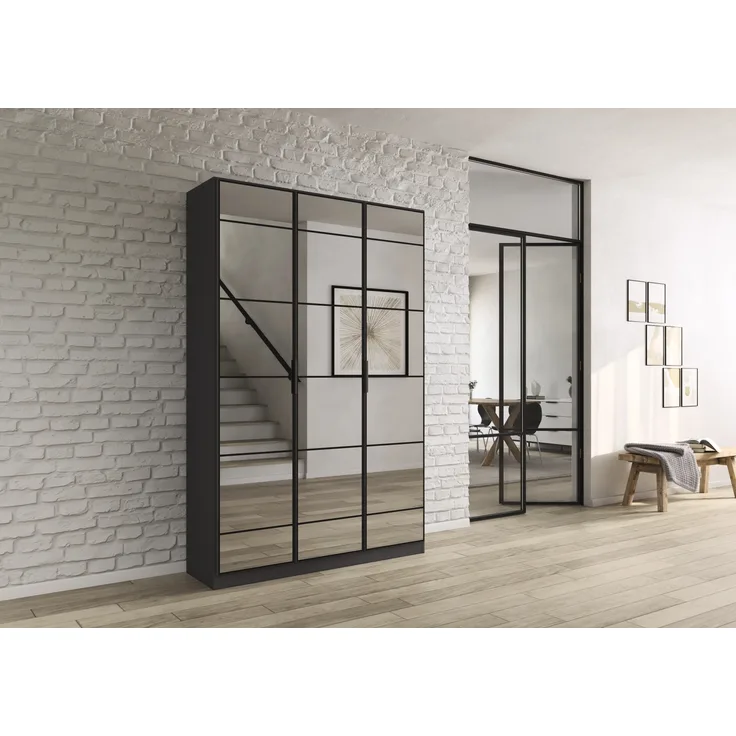 rauch Acero, Garderobenschrank in moderner Loft-Optik, 3-türig, 3 Glastüren, mit 8 Einlegeböden, Farbe Grau metallic, BxHxT 136x210x41cm