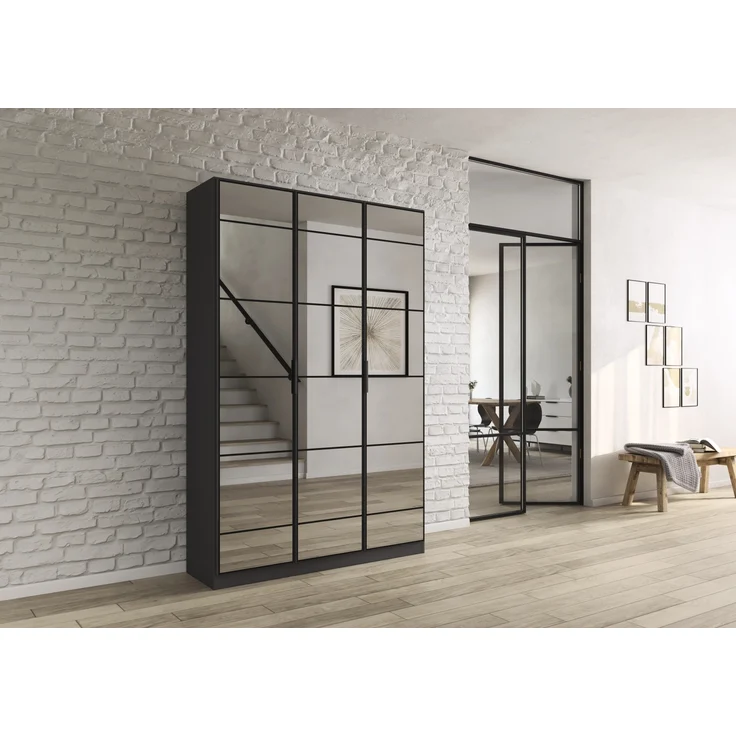 rauch Acero, Garderobenschrank in moderner Loft-Optik, 3-türig, 3 Glastüren, mit 8 Einlegeböden, Farbe Grau metallic, BxHxT 136x210x41cm – Bild 1