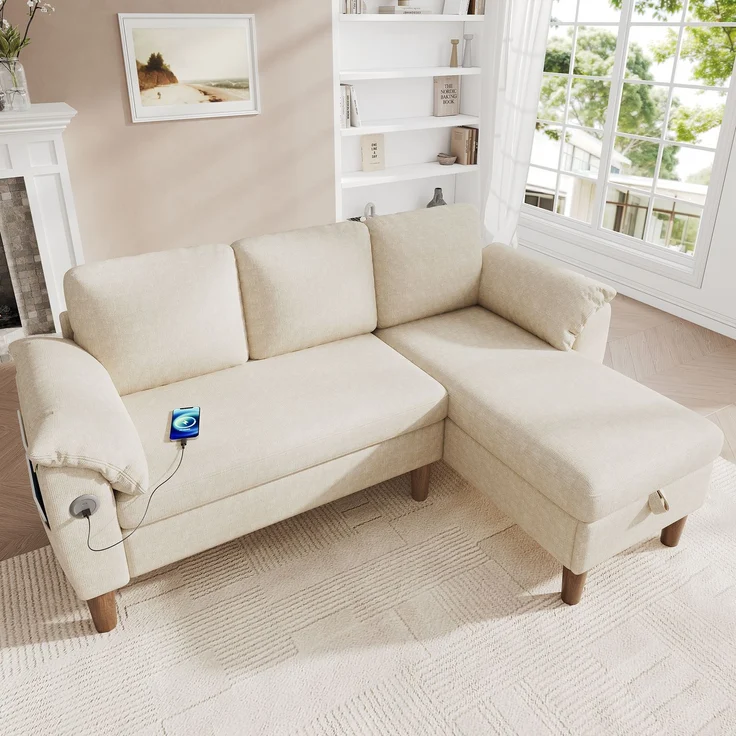 Merax L-förmiges Ecksofa, 3-Sitzer Sofa mit Stauraum-Chaiselongue, links/rechts montierbar, USB/Type-C-Ladeanschluss, Seitentasche, 2 halbfeste Armlehnenkissen, Chenille Stoff, Beige – Bild 5
