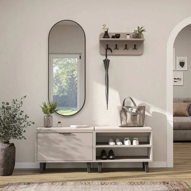 Roomart NORD Garderobenset 4-teilig – Sitzbank offen & mit Schuhklappe, Wandgarderobe & ovaler Spiegel – Flurgarderobe – H 53 x B 73.6 x T 35 cm (Sitzbank) • Beige – Bild 3