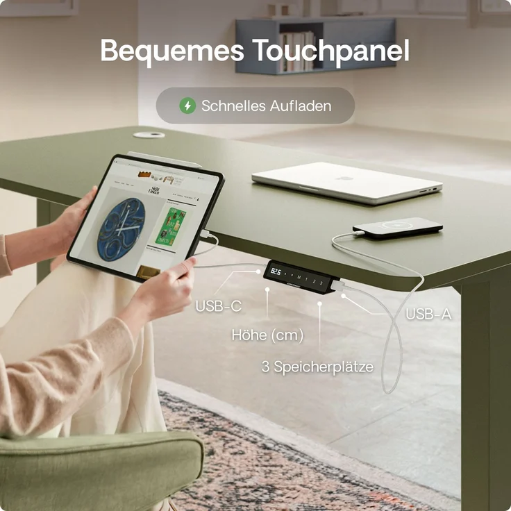 Desktronic HomePro Elektrisch höhenverstellbarer Schreibtisch 160x80cm Schwarz/Grün mit Memory-Funktion, Anti-Kollisions Technologie, USB-A und USB-C-Ladeanschlüssen – Bild 6