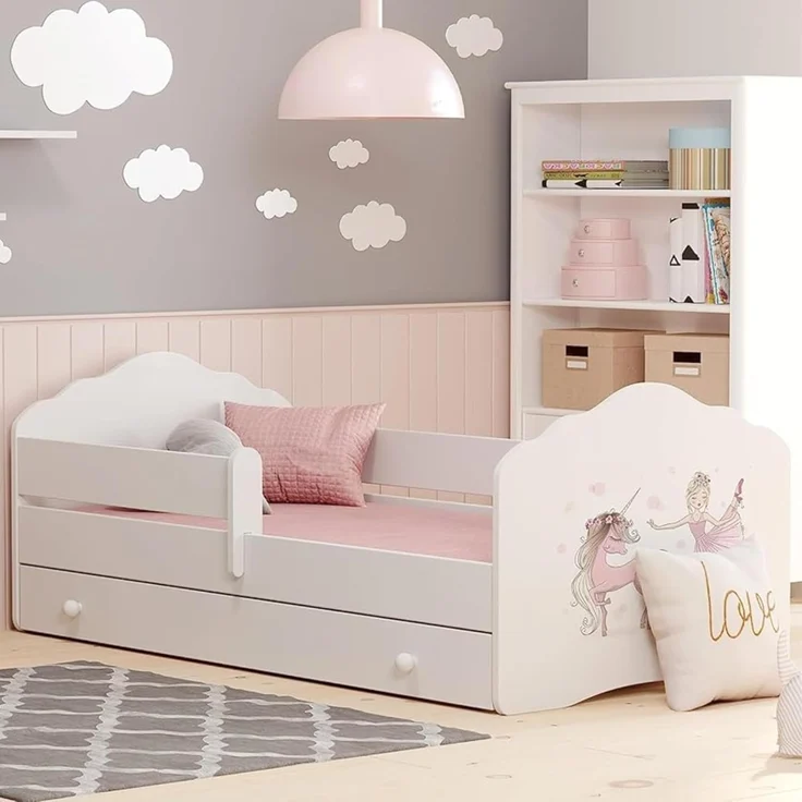 Kids Collective Kinderbett für Mädchen mit Matratze und Schublade & Lattenrost (70x140, 80x160 cm Jugendbett Einzelbett Komplettbett in weiß mit Pferd Motiv), Bett für Kinder Bett komplett Set Rausfallschutz Kinderbett 70x140 cm – Bild 1