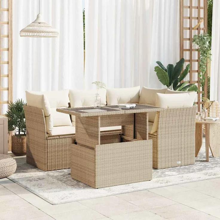 vidaXL 5-tlg. Garten-Sofagarnitur mit Kissen Beige Poly Rattan 3326149 – Bild 1