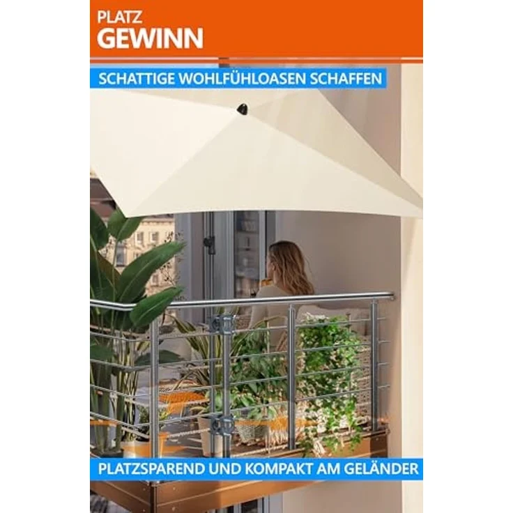 4smile Sonnenschirm Balkon SunnyShade, 200x125 cm, Beige - UPF 50+ Sonnenschirm rechteckig als Sonnenschutz Balkon - SunnyEasy Balkon-Schirm mit 2 x Sonnenschirmhalter + Sonnenschirmhülle – Bild 3