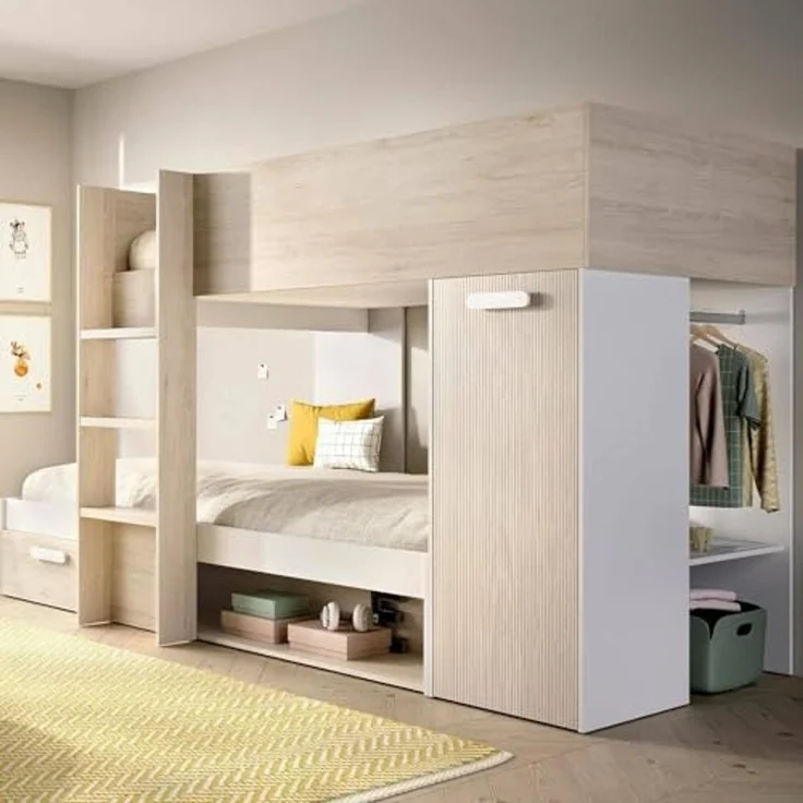 Dmora - Schlafzimmer Focalone, Komplettes Schlafzimmer, Kinderzimmer, Loft-Bett Kit, 246x112 h150 cm, Weiß und Eiche – Bild 1