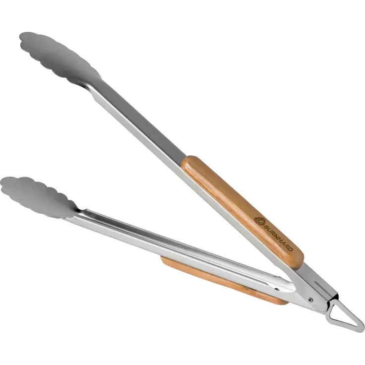BURNHARD Lange Edelstahl Grillzange (45 cm) Akazien-Holzgriff, Grill-Zubehör, Aufhänge-Ösen - Silber - #941051