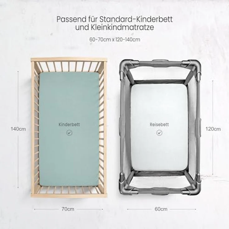 lulumoon 2er Set Kinder Spannbettlaken, Musselin-Baumwolle Spannbetttuch für Babybett und Kinderbett 60x120 cm / 70x140 cm Reisebett Spannlaken Beistellbett Leintücher (Grau Grün, 70x140 cm) – Bild 7