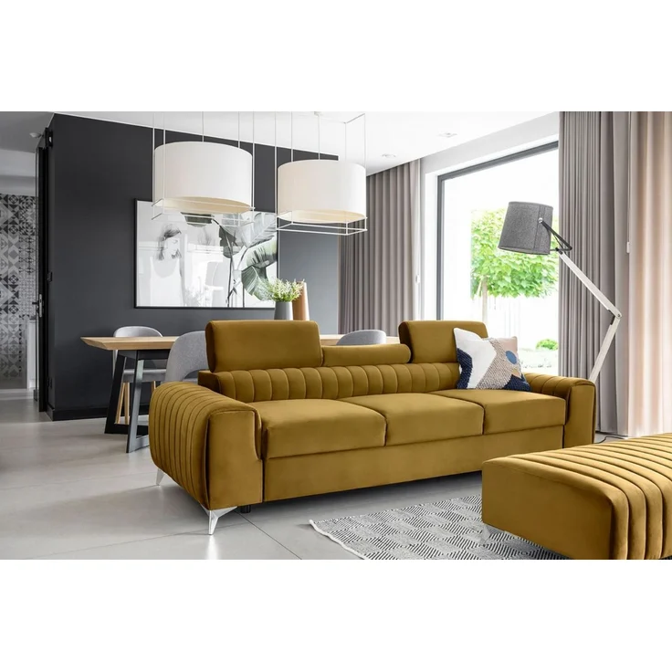 Sofa 3-Sitzer mit Schlaffunktion Schlafsofa ELENI Stoff Monolith Honiggelb – Bild 3