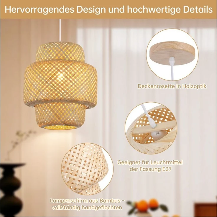 JDONG Pendelleuchte 30CM Pendelleuchte Boho lampe Lampenschirm Bambus E27, ohne Leuchtmittel, Rustic, Handgeflochtene Vintage schlafzimmerlampe,Beige, Beleuchtung Dekoration, für Wohnzimmer,Schlafzimmer,Küche,Esszimmer – Bild 2