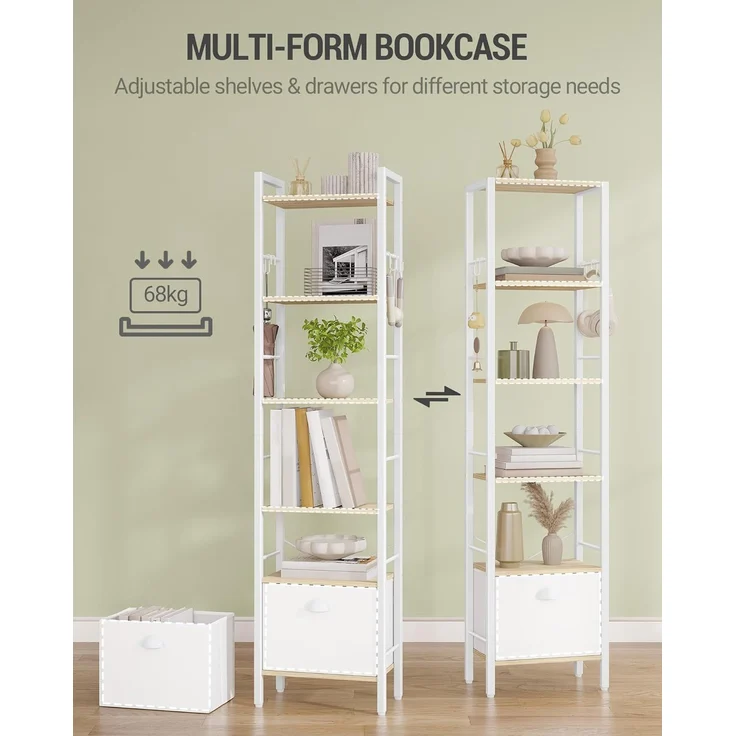 Bücherregal, 6 vertikale Regale mit 1 Zusammenklappbare Stoffschubladenund 4 Haken, offene Regale, Metallrahmen, geeignet für Arbeitszimmer, Wohnzimmer Weißeiche – Bild 3