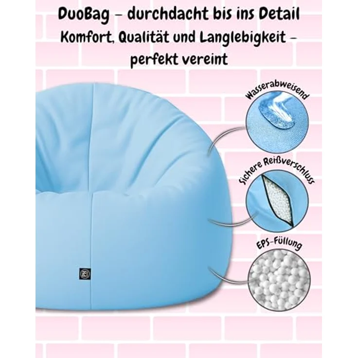 PATCH HOME 2-in-1 Sitzsack Sessel - Gaming Bean Bag mit Reißverschluss - Bereits befüllt, Ergonomisch & Robust für Kinder & Erwachsene - Indoor & Outdoor, Wetterfest (Hellblau, 155cm) – Bild 5