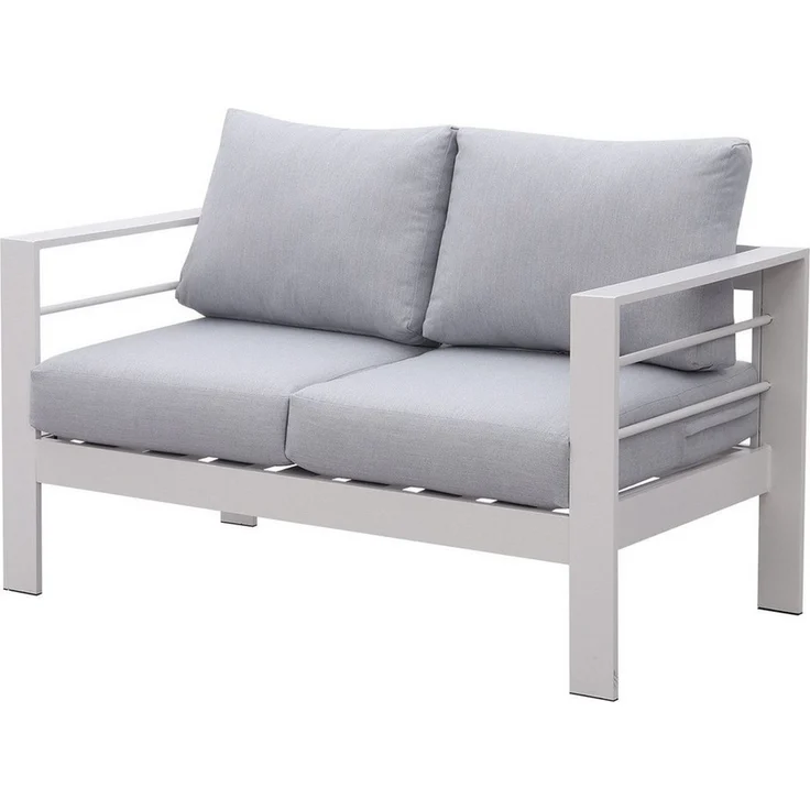 MeXo Loungesofa Gartensofa für Balkon 2 Sitzer Aluminium outdoor wetterfest, weiß, harmonieren mit Licht bei Nacht, Passt zum skandinavischen, mediterranen oder minimalistischen Stil, 12cm Deluxe Relax-Sitzkissen, 128×65×66cm, lounge sofa draußen Alu – Bild 2