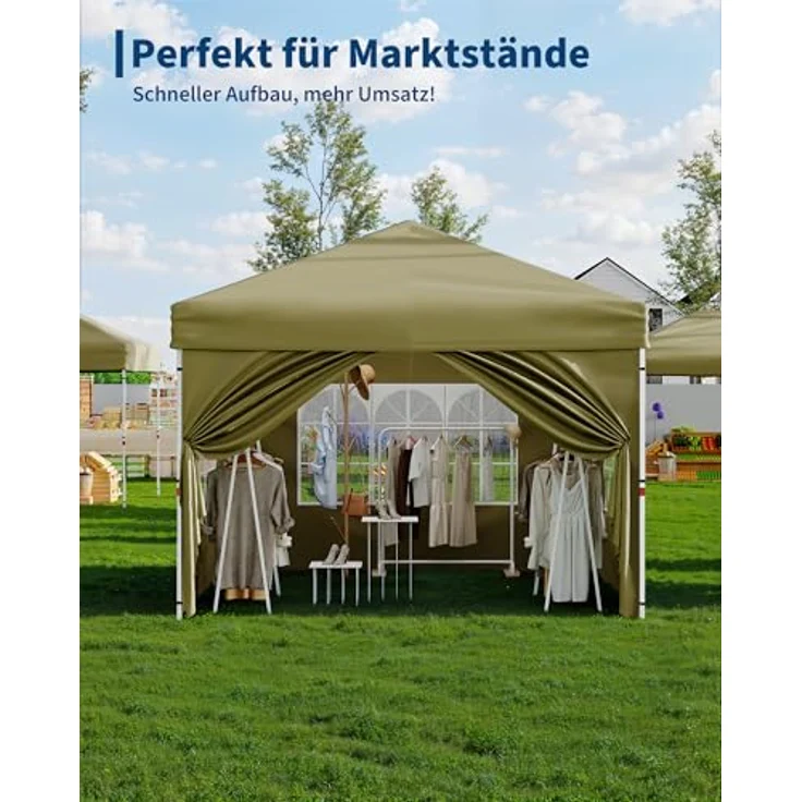 Faltpavillon 3x3 m wasserdicht stabil mit 4 Seitenwänden – Pop up Pavillon faltbar aus 420D Oxford, UV-Schutz 50+, 3-Fach höhenverstellbar, Partyzelt mit Tragetasche für Garten & Outdoor (Khaki) – Bild 9