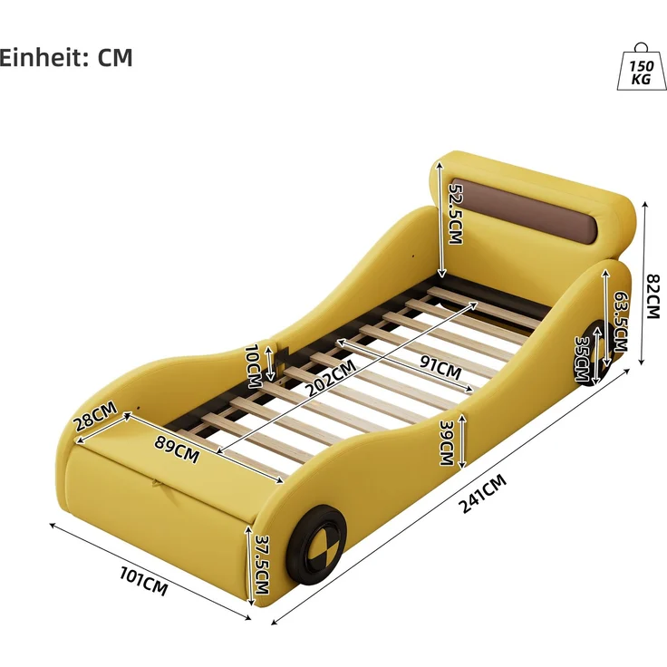 Polsterbett, 90x200cm Einzelbett, Kinderbett, Jugendbett, Polsterbett in Form eines Autos mit leuchtenden Rädern und Stauraum, PU, Ohne Matratze, Gelb – Bild 6