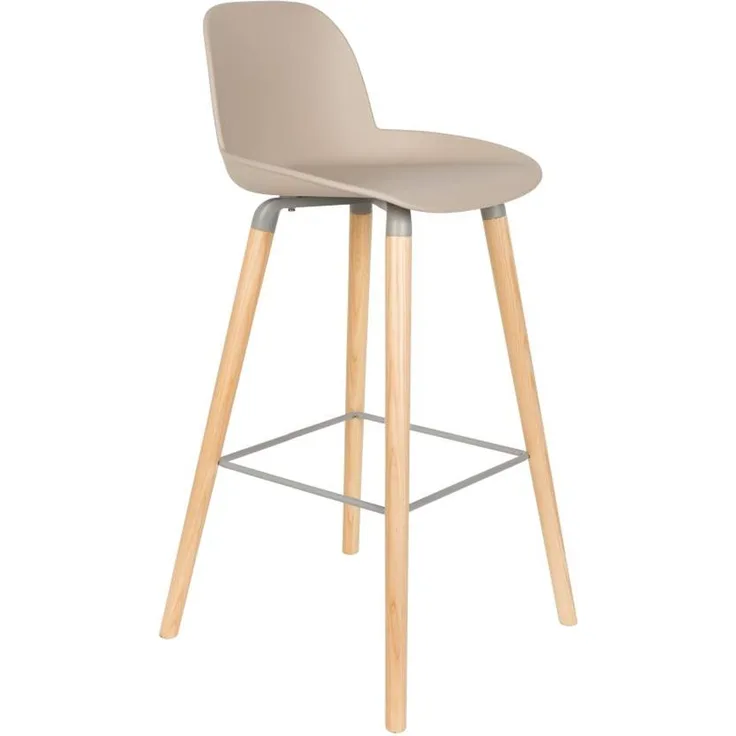 Zuiver Barhocker Albert Kuip im 2er-Set, Taupe mit Gestell aus Aluminium und Eschenholz