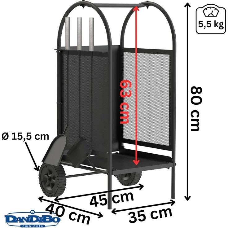 DanDiBo Kaminholzregal Innen Metall Schwarz Kaminholzständer 80 cm mit Kaminbesteck und Rädern 96358 Kaminholzwagen – Bild 2