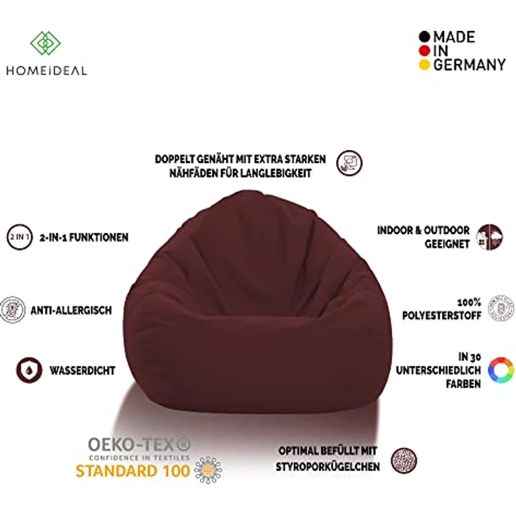 HomeIdeal - Sitzsack XXL Bodenkissen für Erwachsene & Kinder - Geeignet für Gaming oder Entspannen - Indoor wie Outdoor da er Wasserfest ist - mit EPS Perlen, Farbe:Weinrot, Größe:XL – Bild 4