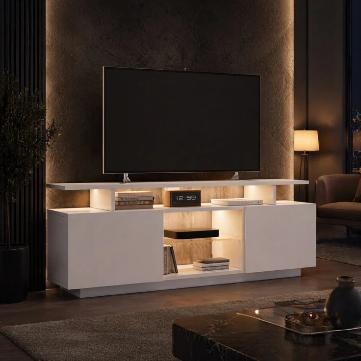 DESVIAE TV-Schrank mit 2 Türen und LED-Beleuchtung 140x55x35 cm Spanplatte Weiß – Bild 2