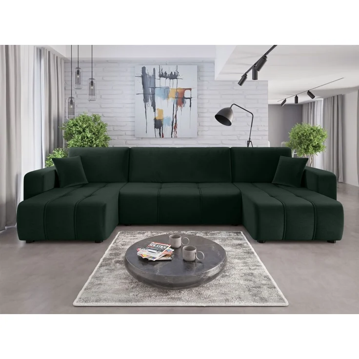 Wohnlandschaft mit Schlaffunktion DAGNY Sofa U-Form in Stoff Kronos Grün – Bild 1