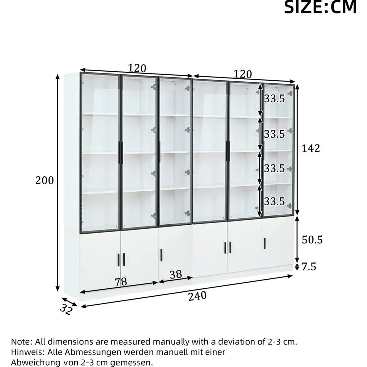 DESVIAE Vitrine mit LED-Beleuchtung und 12 Glastüren 240x200x32 cm MDF Weiß – Bild 10