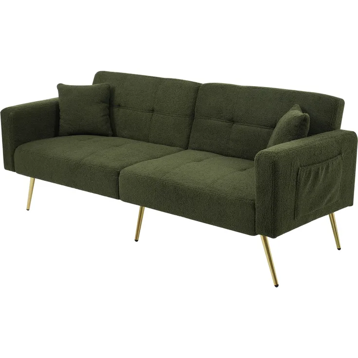Wohnora-Schlafsofa mit Bettfunktion, verstellbarem Winkel, goldenen Beinen, mit Kissen und seitlichen Aufbewahrungstaschen,H 72cm x T 175cm x B 64cm,Antikgrün