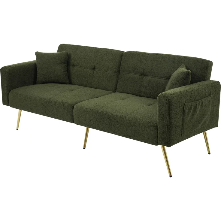 Wohnora-Schlafsofa mit Bettfunktion, verstellbarem Winkel, goldenen Beinen, mit Kissen und seitlichen Aufbewahrungstaschen,H 72cm x T 175cm x B 64cm,Antikgrün – Bild 1