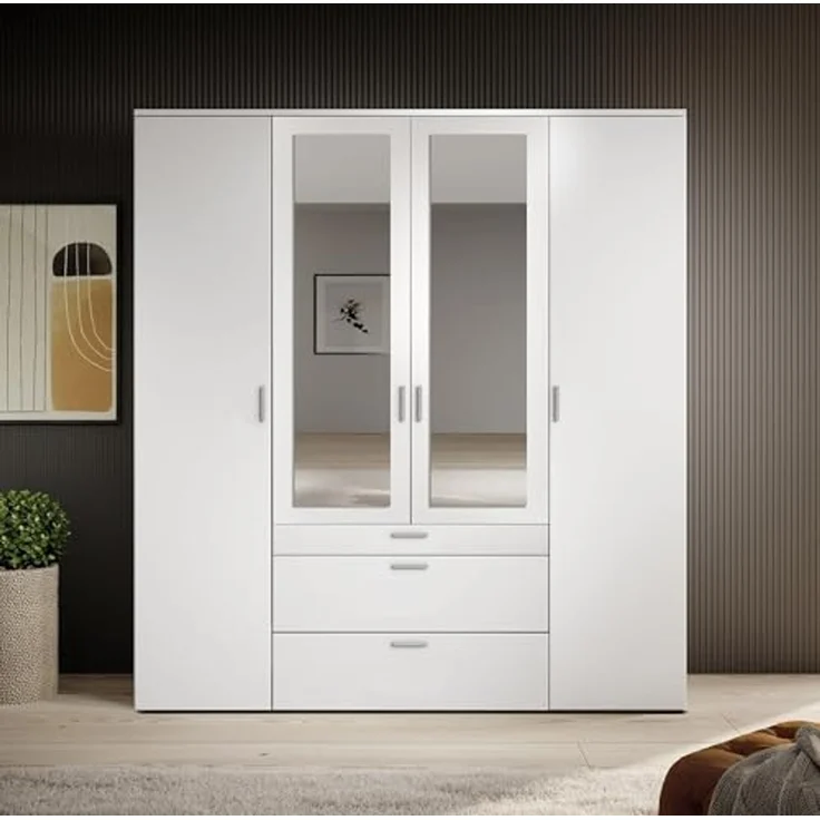 Drehtürenschrank >Vesala< 4 Türen, 3 Schübe, Weiß / Spiegel - 180x195x56cm (BxHxT) – Bild 4