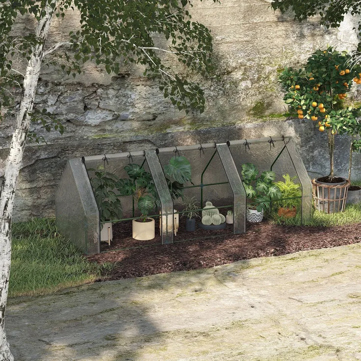 Wohnora-Mini-Gartengewächshaus, Tunnelgewächshaus, 270 x 90 x 90 cm (L x B x H), Spitzdach, Stahl, hochdichtes PE (140 g/m²), UV-beständig, 3 Fenster mit aufrollbaren Reißverschlüssen, Weiß,H 900cm x T 930cm x B 900cm