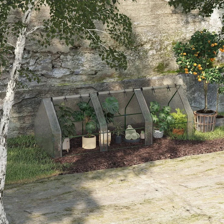 Wohnora-Mini-Gartengewächshaus, Tunnelgewächshaus, 270 x 90 x 90 cm (L x B x H), Spitzdach, Stahl, hochdichtes PE (140 g/m²), UV-beständig, 3 Fenster mit aufrollbaren Reißverschlüssen, Weiß,H 900cm x T 930cm x B 900cm – Bild 1