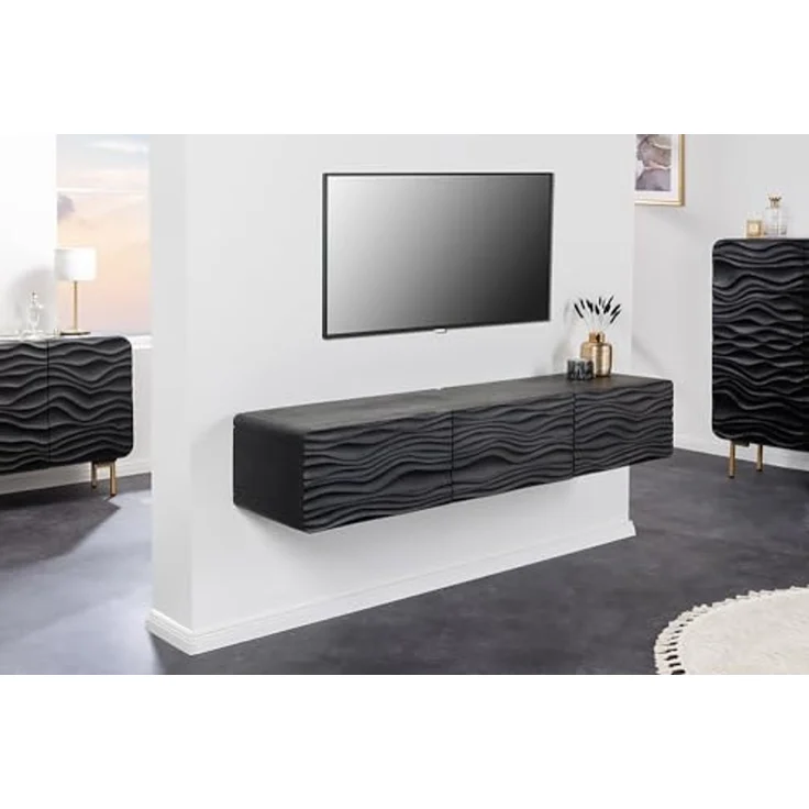 riess-ambiente TV-Board WAVE 160cm schwarz (Einzelartikel, 1 St), Wohnzimmer · Massivholz · Mangoholz · hängend · Retro Design – Bild 4