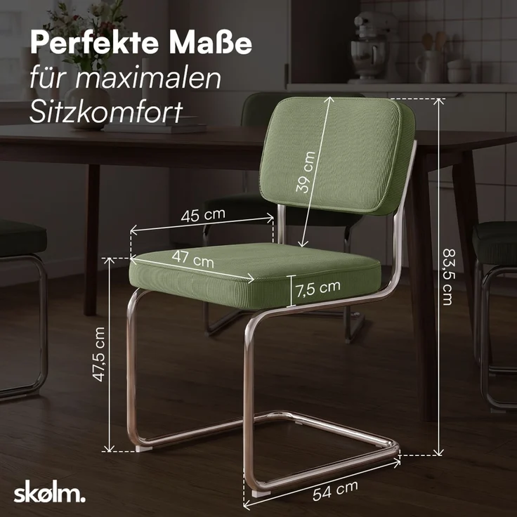 skølm 'Thund' Esszimmerstühle 2er Set, dunkelgrün, Polsterstuhl aus Cord mit verchromten Metallgestell, Schwingstuhl bis 120 kg belastbar – Bild 9