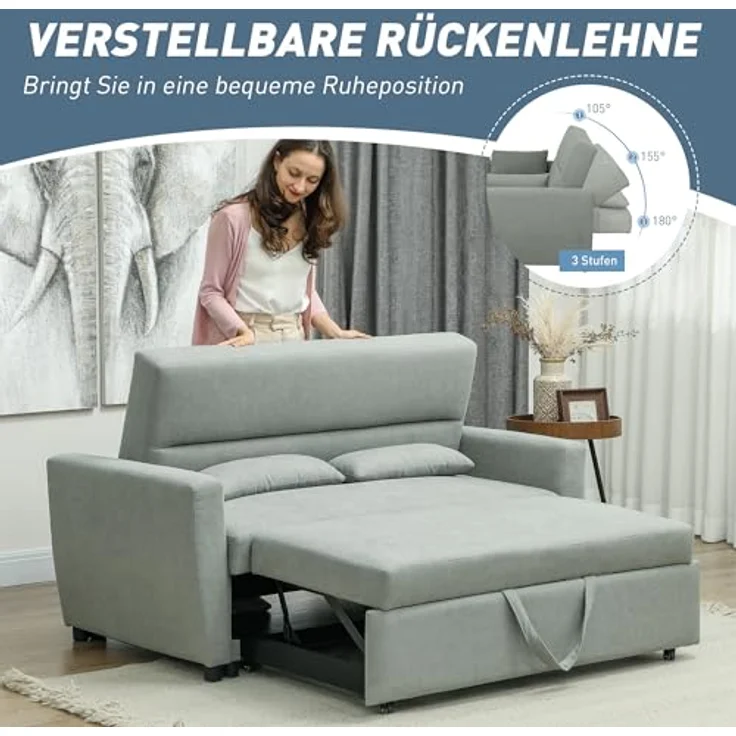 HOMCOM Schlafsofa 2-Sitzer Sofa mit Schlaffunktion, Verstellbare Rückenlehne, Schlafcouch 1 Teile, für Wohnzimmer, Gästezimmer, Hellgrau – Bild 7