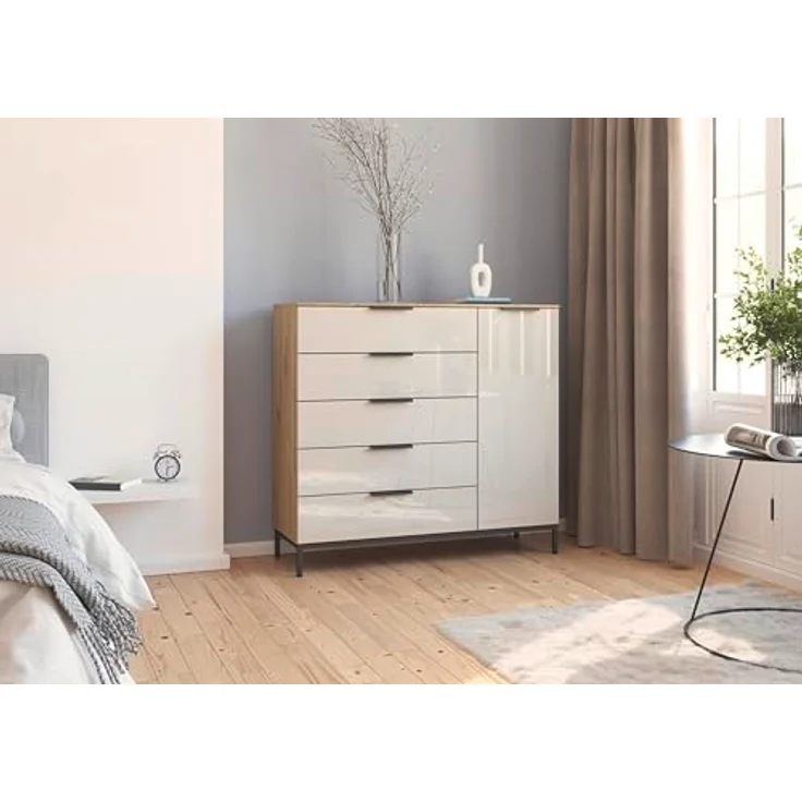 Rauch Möbel Flipp, Nachttisch für Schlafzimmer, Flur, Garderobe, 1-türig, 5 Schubladen, mit Softclose-Funktion, Griffe und Metallkufe Graphit, Farbe Eiche Artisan, Holz/Glas Beige, Breite 120 cm – Bild 3