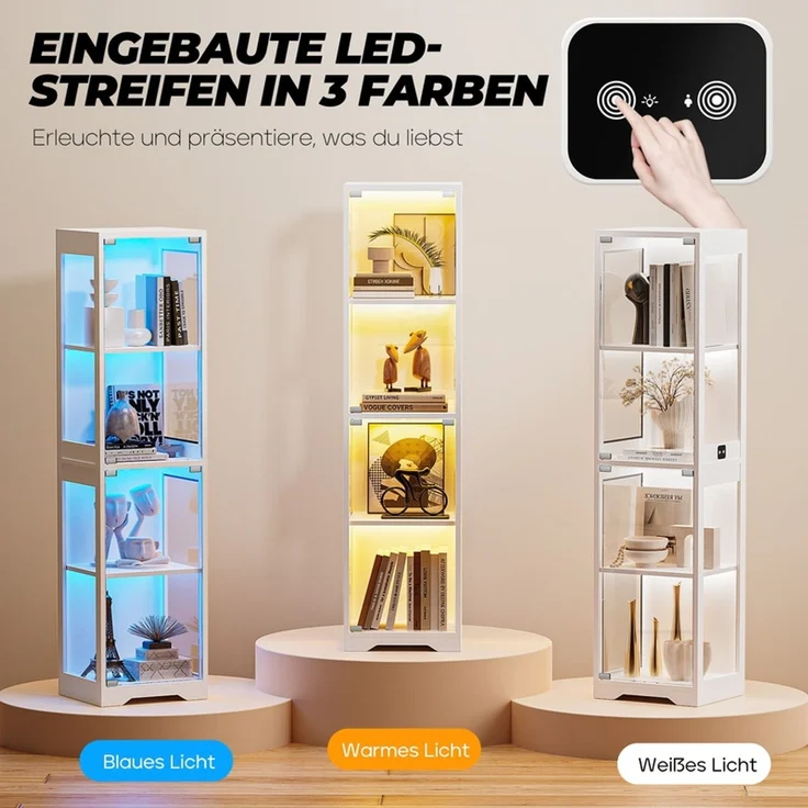 Glasvitrine Ausstellungsschrank 160 cm, 4-stufig mit Glastür, LED-Beleuchtung und Bewegungssensor, Weiß – Bild 5