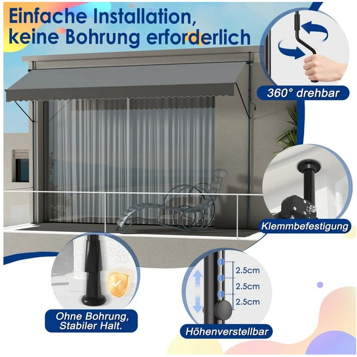 FIVMEN Klemmmarkise Balkonmarkise mit Handkurbel Balkon ohne Bohren Markise – Bild 3