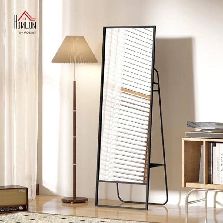 HOMCOM Ganzkörperspiegel 157 x 50 cm, Rechteckiger Standspiegel mit Regal und 2 Haken, Metallrahmen in Schwarz, ideal für Schlafzimmer, Wohnzimmer und Flur – Bild 2